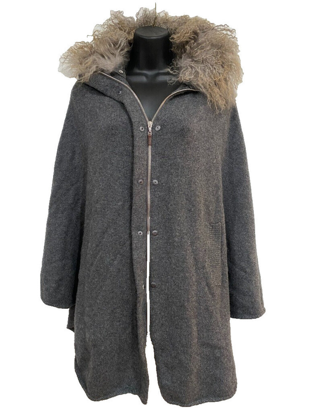 *FLAW* Vintage Size M Genuine Tibet Lamb Fur Collared Gray Knit Jacket Poncho